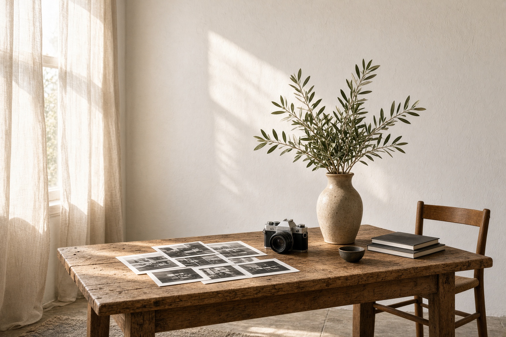 Sunlit studio worktable with contact sheets, a film camera, and linen curtains